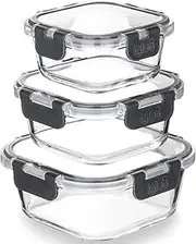 Igluu Meal Prep - Glass Stackable Square Containers (3 Pack) – BPA-Free Lunch Box Food Storage Set. Innovated Leak Proof Hinged Airtight Lids. Microwave, Oven & Dishwasher-Safe (800ml, 520ml, 320ml)