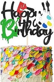 Confetti! Artist Themed Happy Birthday Cake Topper - Glitter Art Palette and Paint Brush Design - Perfect for Art Party Decorations, Kids Painting Birthday Celebrations