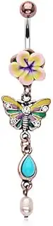 [PiercedOff] 316L Surgical Steel Belly Bar with Vintage Flower and a Butterfly and Synthetic Turquoise Tear Drop Dangle, Brass