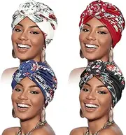 4 Pieces African Women Turban Cap Headscarf Women Turban Cap Stretch Twisted Headwrap