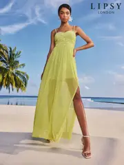 Lipsy Lime Green Embellished Pearl Strap Ruched Mesh Maxi Dress (AY3457) | $221