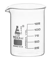 Eisco Labs 150ml Beaker, Low Form - 25ml Graduations - Borosilicate Glass