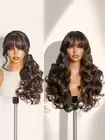 Glueless Wavy Wig with Bangs Highlight Brown Synthetic Curtain Bang Wig with ...
