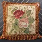 Wool Needlepoint Throw Pillow Cover Cabbage Rose Cushion 24x24 with Brush Fringe