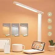 LED Desk Lamp, IGGDOQI Portable Table Lamp with USB Charging Port, Touch Control, Folding Eye-Caring, 3 Color Modes Stepless Dimming, Multifunction Study Lamp for Kids, Home, Office