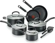Tefal Titanium Non-Stick Cookware Set 12 Piece Frypans Pots Dutch Oven Black
