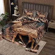 Wild Deer Bedspread King Size,Rustic 3D Wild Animal Pine Trees Quilt Set with 2 Pillowcases,Retro Farmhouse Wooden Barn Hunt Cabin Decor Microfiber Coverlet Set for Children Adult,Breathable