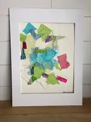 original abstract art collage with shiny foil papers, signed in mat