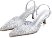 [YIYA] Women's Clear Slingback Heels with Pearl Studded Pointed Toe Kitten Mid Heels Sparkly Rhinestone Slip On Wedding Party Shoes