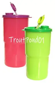 Tupperware ThirstQuake Mega Tumblers 30 oz On the Go Flip Top Cup Green Pink Set