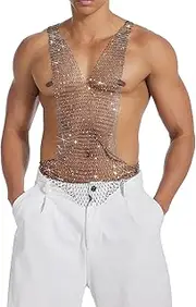 [HAVBX] Mens Sexy Rhinestones Fishnet Tank Top, Deep V Neck Sparkly Sleeveless Muscle Shirt for Club Party