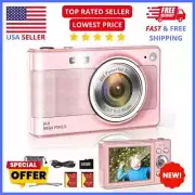 Kids Digital Camera 56MP: 1080P HD, 16x Zoom, Anti-Shake, 32GB SD Card, Pink