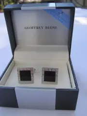 Geoffrey Beene Silver-Tone Modern Cufflinks w/ Black Onyx Stones,