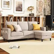 [Ufurniture] 3 Seater Convertible Sectional Sofa,L-Shaped Lounge Couch with Storage Ottoman, Linen Fabric Sofa with Reversible Chaise for Small Apartments Living Room Office, Beige