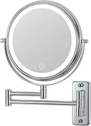 Dimmable Touch Screen Magnifying Makeup Mirror with 3 Colors, Rechargeable Lighted Double Sided Shaving Mirror Wall Mounted Extendable LED Vanity Mirror,Chrome,5X