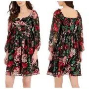 Tahari Floral Black Pleated Top Empire Waist Balloon Sleeves Dress Size 6