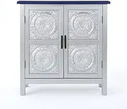 Christopher Knight Home Cabinet with Faux Wood Overlay and Top, Silver/Navy Blue