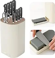 Knife Block Without Knives, Qoosea 4 in 1 Universal Square Knives Block with Scissors Slot Sharpening Rod Slot and Stone, Detachable Kitchen Knife Storage Holder for Easy Cleaning Space Saver-White