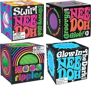 Nee Doh Teenies Ripples, Glow in The Dark, Swirl, and Original...Groovy Globs! Squishy, Squeezy, Popping, Stretchy Stress Fidget Balls Gift Set Party Bundle - 4 Pack (Asstorted Colors)