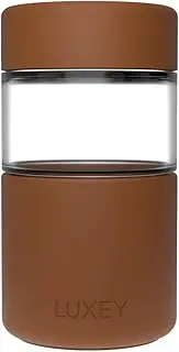Luxey Cup – 12oz Reusable Glass Coffee Cup | Leakproof, BPA-Free Silicone Lid | Easy to Clean | Barista Size Travel Mug | Dishwasher & Microwave Safe (Mocha Brown)