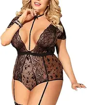 [GaliaFaya] Plus Size Lingerie Sexy Bodysuit with Garter Straps Floral Lace Deep V Lingerie Teddy Babydoll Chemises Garter Belt