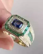 2.60Ct Emerald Cut Lab-Created Tanzanite Men Ring 14K Yellow Gold Plated