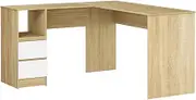 Artiss Computer Desk 136cm Particle Board Desktop Oak White Office Corner Laptop Desks Shelf Study Student Table L Shape, Home Gaming Furniture for Room, with 2 Drawers