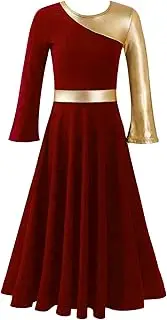 [Jugaoge] Kids Girls Metallic Liturgical Praise Dance Dress Bell Long Sleeve Worship Robe Full Length Church Praisewear