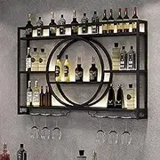 Wall Mounted Wine Rack with Stemware Holder Metal Bottle Holder Display Storage for Home Bar Dining Room Kitchen Decor 3 Tier (Black 120x80x15cm)