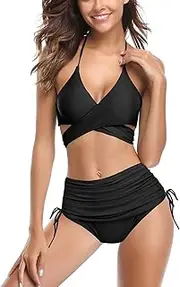 [SHEKINI] Women's Bikini Bottoms Ruched Black Swimsuit Tummy Control Swim Bottoms