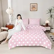 Manfei Polka Dots Comforter Set Full Size,Cartoon French Style Princess Pink White Bedding Set 3 Pcs for Teens Young,Modern Geometric Circles Abstract Simple Art Comforter,2 Pillowcases