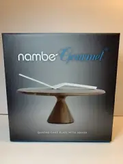 nambe Gourmet Quatro Cake Plate with Server 11.5" Acacia Wood Bone China New