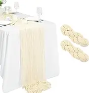 2 Pcs Cheesecloth Table Runner 90x400CM Gauze Boho Rustic Dusty Pink Cheese Cloth Table Runner for Wedding Bridal Shower Fall Thanksgiving Christmas Decoration (Milky White)