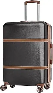 Amazon Basics 66 cm Hardside Checked Luggage With Leather Detailing, Hardshell Suitcase With Wheels, Expandable Space, With 8 Multi-directional Wheels, Scratch-Resistant Surface, Black