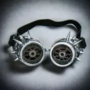 Steampunk Spikes Goggles w/ Evil Eyes Dark Lens Metallic Silver