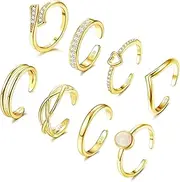 [JeryWe] 8PCS 14K Gold Filled Toe Rings for Women Adjustable Gold Toe Ring Set Open Band Simple CZ Heart Toe Rings Summer Beach Foot Jewelry, Copper