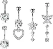[Thalorix] 5PCS Belly Button Ring Stainless Steel Belly Rings Clear CZ Heart Butterfly Flower Belly Button Ring Clicker Belly Piercings for Women Navel Piercings Pack, Silver, 14G, 10mm, Stainless Steel