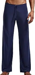 [Generic] Men Soft Ice Silk Long Yoga Pants Drawstring Straight Home Pants Lightweight Pajama Pants for Men
