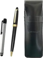 Slim Cowhide Leather Pen Case Black Metal Touch Stick Silver and Neo D-600 Ballpoint Pen Set Black ASB-ALST-600B-B