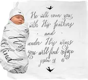 Muslin Swaddle & Bonus Baby Hat with Scripture Quote (Psalm 91) - 100% Organic Unbleached Cotton - Swaddle/Blanket is a Unique Shower & Baptism Gift - Christening, Child of God, Newborn Bible, Bird