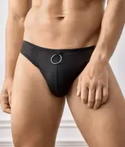 Mens Thong G-String Black Mesh Medium New With Tags Ring Detail