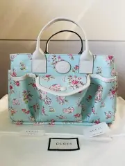 GUCCI Light Blue Canvas Floral Print Small Tote Bag