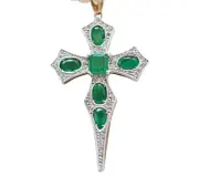 3Ct Oval Cut Simulated Green Emerald Cross Pendant Sterling Silver 925