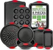 NutriChef 8-Piece Non-Stick Kitchen Oven Baking Pan Set - Premium & Stylish Nonstick Steel, Commercial Grade Restaurant Quality Metal Bakeware with Red Silicone Handles - Easy to Clean, NCSBS8S