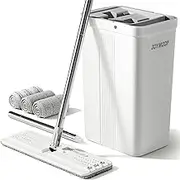JOYMOOP Mop and Bucket Set with Wringer, White Flat Mops for Floor Cleaning, Wall Cleaner with Long Handle, Hardwood Floor Mop with 3 Microfiber Pads
