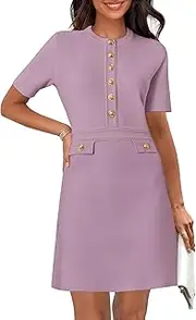 [MEROKEETY] Women's Knit Bodycon Sweater Dress Button Short Sleeve Crew Neck Elegant Formal Mini Dress