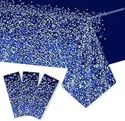 3pcs Blue Silver Tablecloths Denim and Diamonds Party Decorations Navy Blue and Silver Tablecloth Disposable Plastic Royal Blue Confetti Rectangle Table Cover for Birthday Wedding Party Decor Supplies