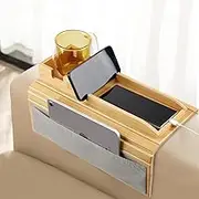 GIIFER Couch Cup Holder Tray，4 in 1 Couch arm Table with Side Storage Pocket，Couch arm Tray Anti-Slip, Bamboo Couch Table for Drinks, Snacks, Cup, Remote and Phone for Most Armrests on Couches