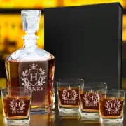 Custom Engraved Whiskey Decanter Set, 4 Glasses and Gift Box - Shield Design
