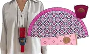 [Planta Color] Folding Fan with Sleeve and Hanging Compartment.Wooden Fan with Original Pattern, Crèmesh Bag and Hanging Leather Compartments (Pink)